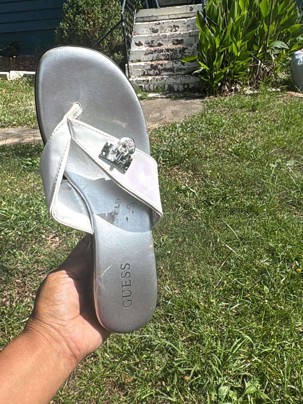 GUESS Silver & White Women's Slip-On Sandals with Jewel Accent